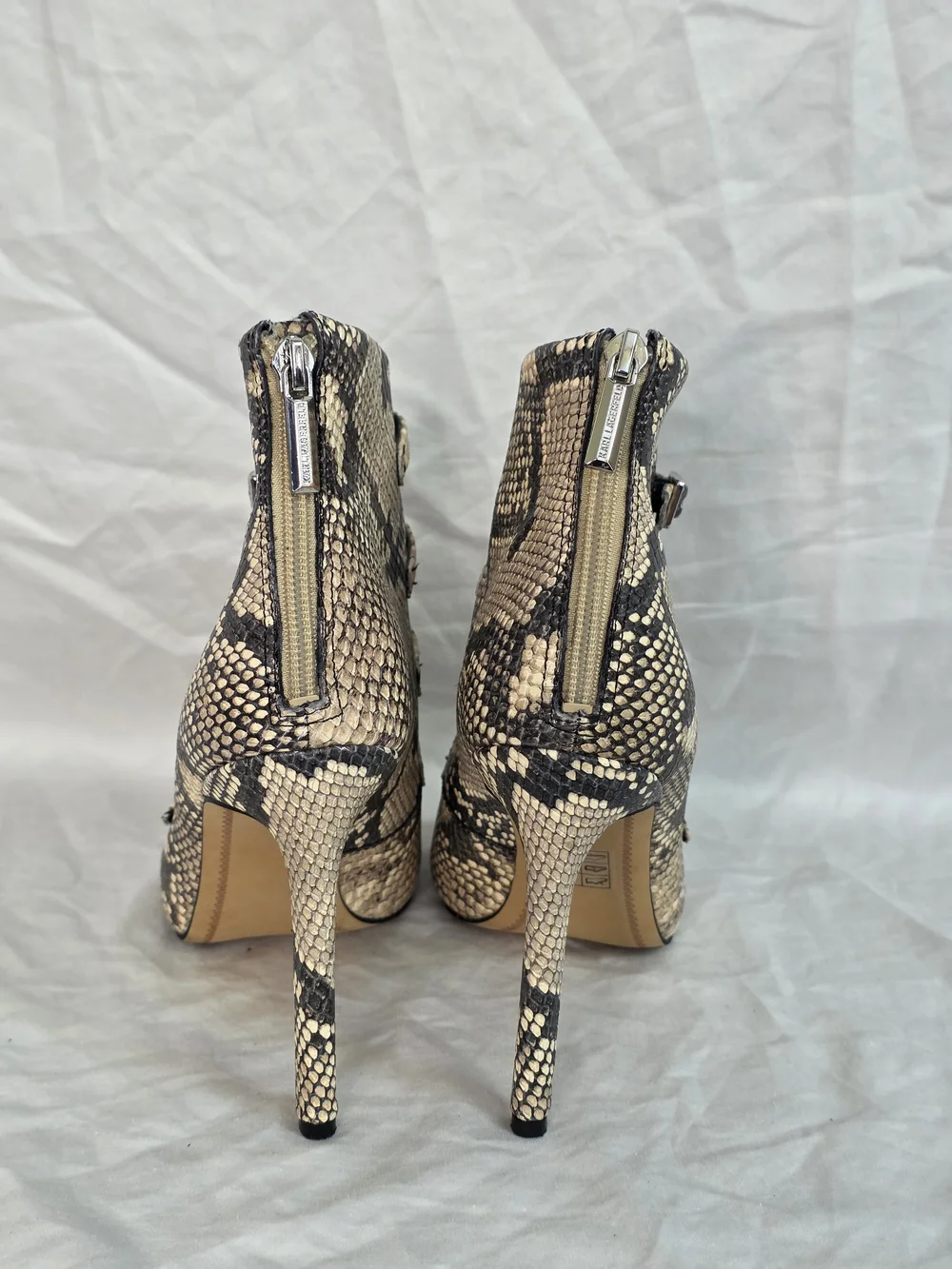 Karl Lagerfeld Snakeskin Peep-Toe Strappy High Heel Booties - Black and Cream